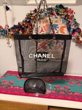 CHANEL Black Mesh Paris Tote with Chain-Link Straps with small cosmetic bag